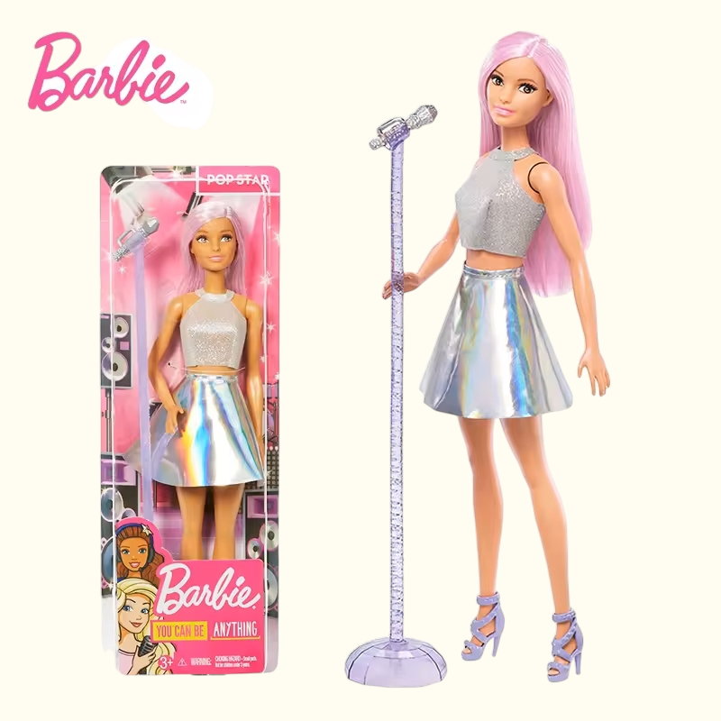 Original Barbie Fashionistas Pop Star Doll with pink hair and brown eyes, wearing an iridescent skirt and stage outfit, holding a microphone accessory. Perfect girls' toy for creative play and imaginative adventures.