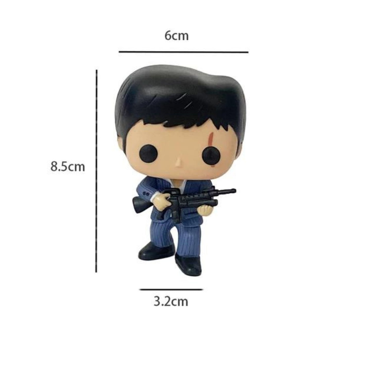 The image shows a Funko Pop! vinyl figure of Tony Montana from the movie "Scarface." The figure is dressed in a blue suit and is holding a rifle. The packaging is also visible, featuring the Pop! Movies logo, the name "Scarface," and the number 86. This collectible is part of the POP Movie Series and is designed for children aged 17 and up. The figure is highly detailed and captures the essence of the iconic character, making it an interesting and relevant item for collectors and fans of the movie.