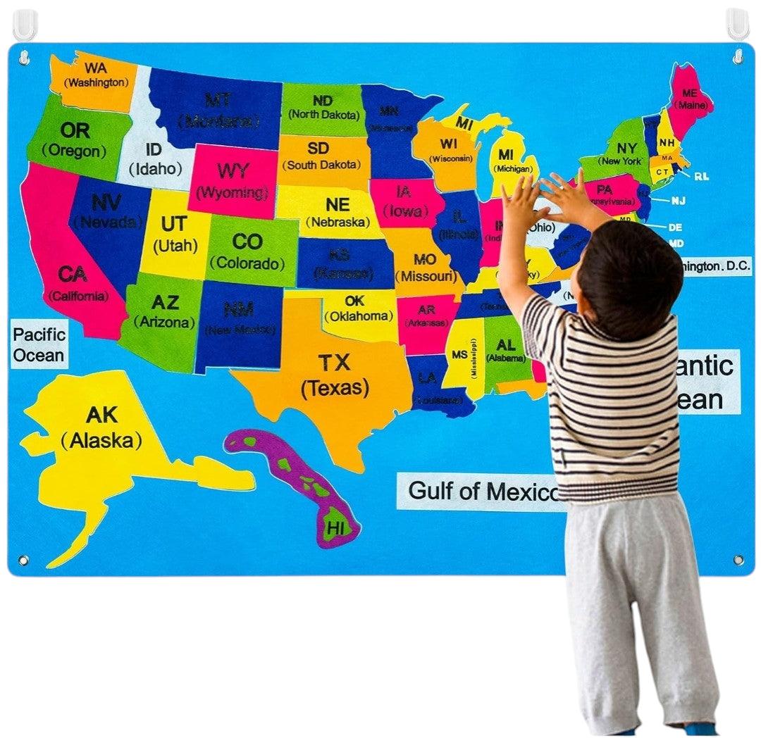 Interactive 54-Piece USA Map Felt-Board Set - Montessori Early Learning Toys | Explore the United States of America | Educational Map of American States